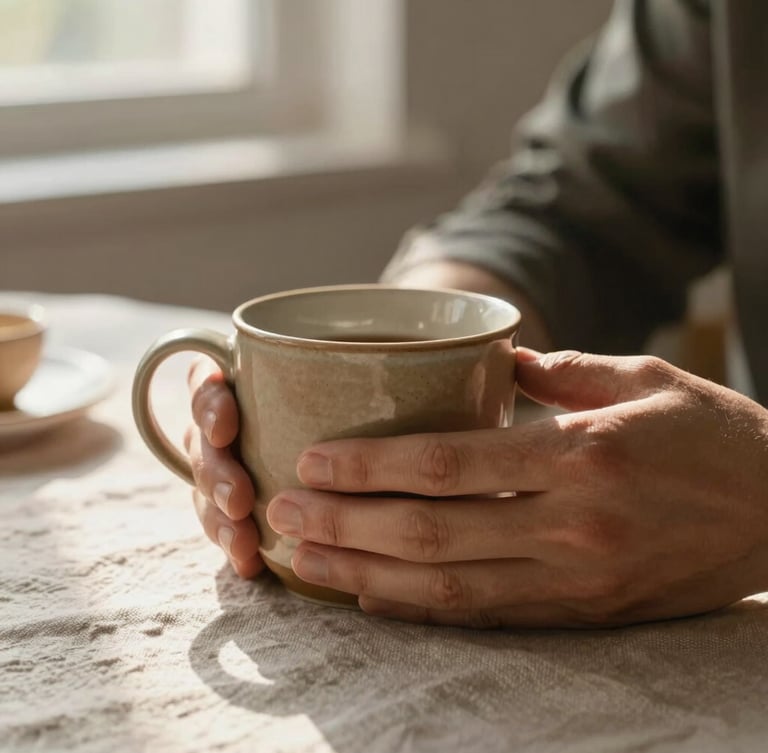 A close-up of hands holding a warm ceramic mug on a textured linen tablecloth, soft morning light filtering through a window, shallow depth of field.
