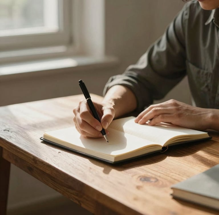 A portrait environmental shot of a person sitting quietly at a wooden desk in a sunlit studio, writing in a linen notebook. Soft morning light streams through a window, casting long, gentle shadows. Raw textures of stone and wood are visible. Calm, intentional, and grounded B2B atmosphere.