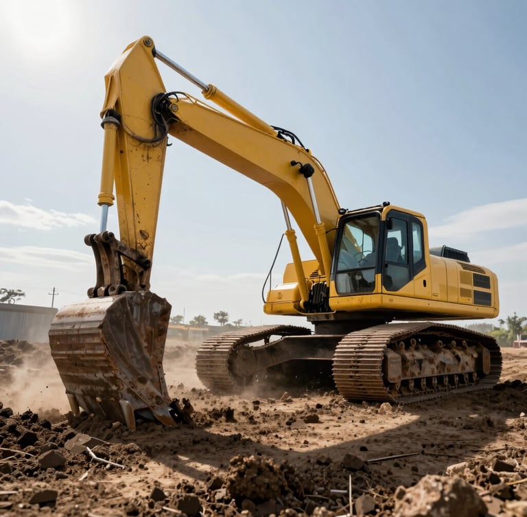 Low-angle dramatic photograph of a heavy yellow excavator working on dark soil, harsh natural sunlight, dust particles in the air, industrial power