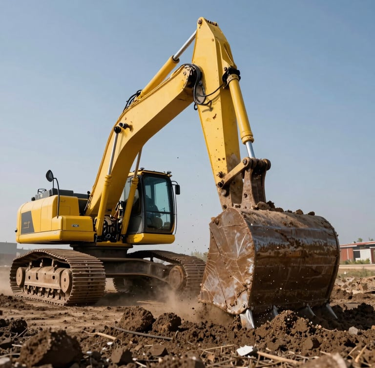 Low-angle dramatic shot of a heavy yellow excavator bucket digging into dark soil, high-visibility yellow paint, dust particles in the air, harsh natural sunlight, industrial 35mm photography