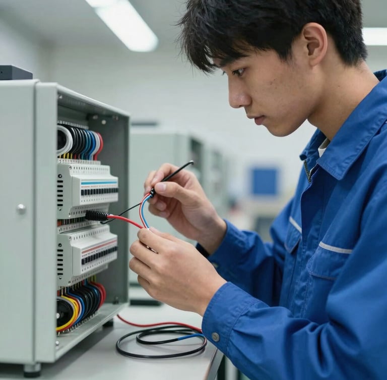 Close-up of a student in a clean blue uniform wiring an electrical control panel under bright workshop light, focused expression