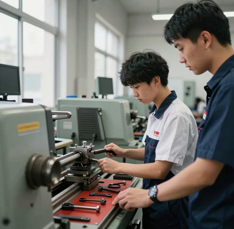 A medium shot of a modern industrial training workshop, bright natural lighting, clean tools organized on a red panel, a student in a neat uniform operating a lathe machine under the guidance of an instructor.