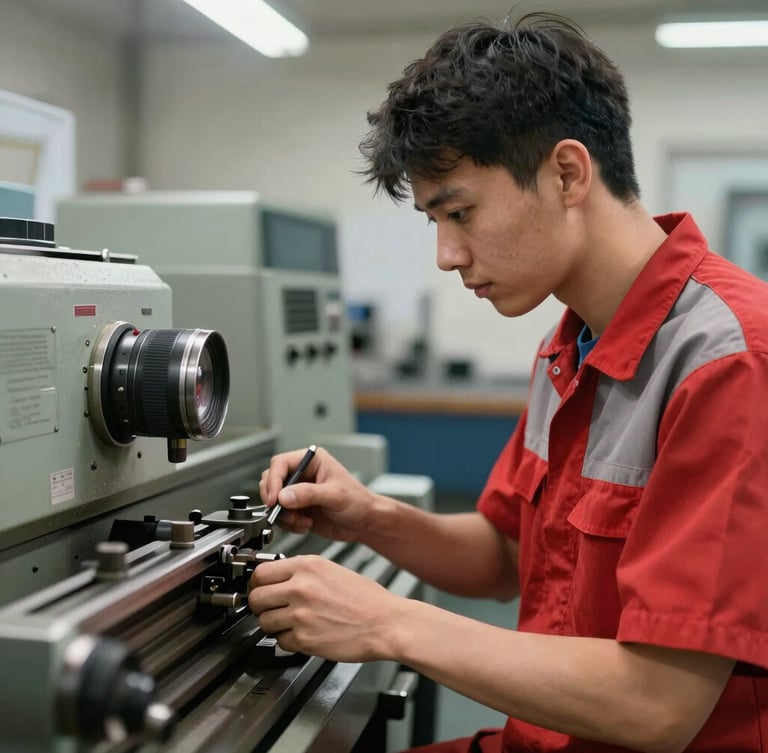 A young technician in a neat red-trimmed uniform operating a lathe machine, focused expression, bright natural workshop light