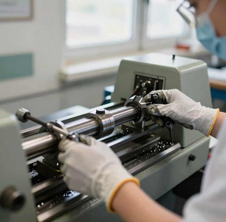 A close-up of a student's hands in protective gloves operating a heavy-duty lathe machine in a bright workshop, metal shavings visible, under clear natural window light.