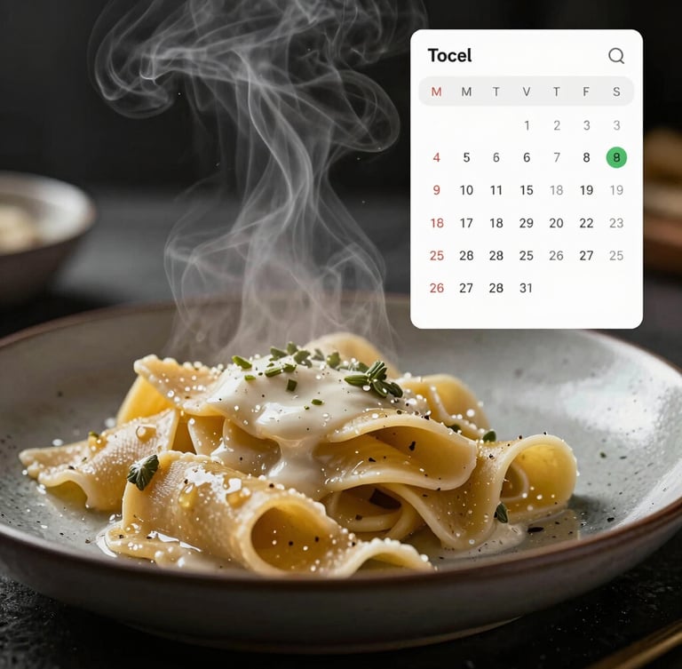 Extreme close-up of steam rising from a fresh handmade pasta dish on a dark ceramic plate, with a crisp, clean floating UI calendar overlay showing scheduled social media posts on the right side. Dramatic chiaroscuro lighting.