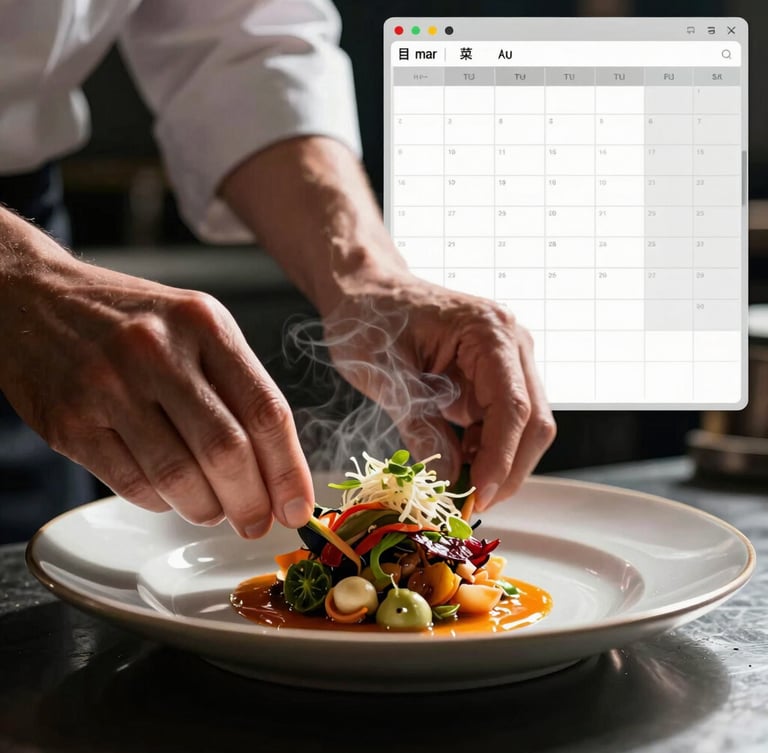 Extreme close-up of a chef's hands plating a vibrant dish in a dark kitchen, steam rising from the food, dramatic side-lighting with deep shadows, high-definition sharpness, with a clean, semi-transparent digital scheduling interface overlay showing calendar slots.