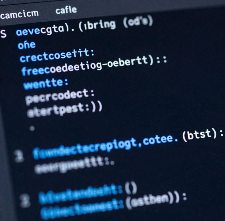 Macro close-up of a clean code interface on a dark screen, glowing blue syntax highlighting, soft ambient light, sharp focus, professional tech-editorial style.