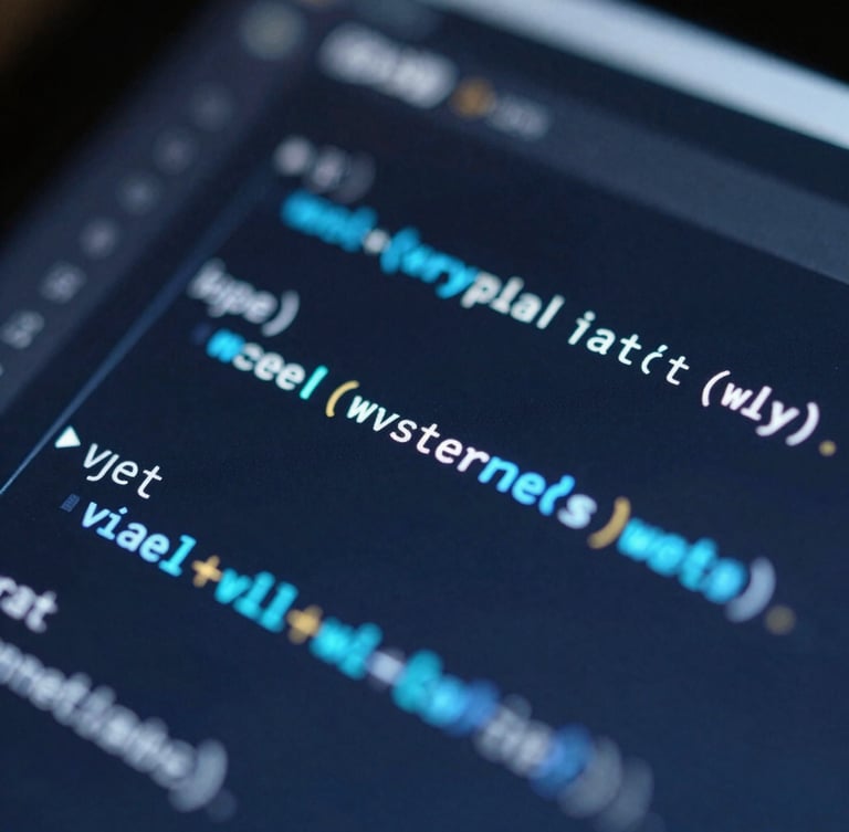 Macro close-up of clean code interface on a dark screen, glowing electric blue and cyan data lines, sharp focus, moody ambient light.