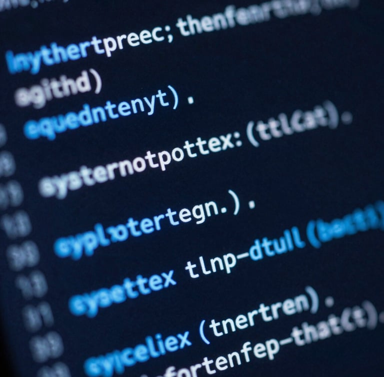 Macro close-up of a dark screen showing clean Python and SQL code, electric blue syntax highlighting, shallow depth of field
