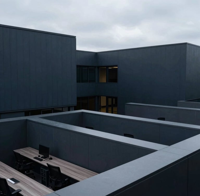 High-angle geometric composition of a modern, highly structured office workspace in Bellevue, cool overcast daylight, desaturated navy and charcoal tones, sharp focus, 35mm