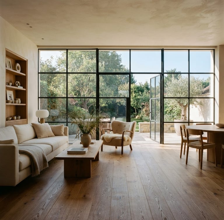 Wide-angle architectural shot of a sun-drenched living room with wide-plank European oak flooring sweeping toward large steel-framed windows, soft morning light, warm minimalist interior