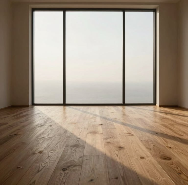 Architectural vertical shot of wide-plank oak flooring extending toward a large floor-to-ceiling window, soft morning light casting long shadows, minimalist interior