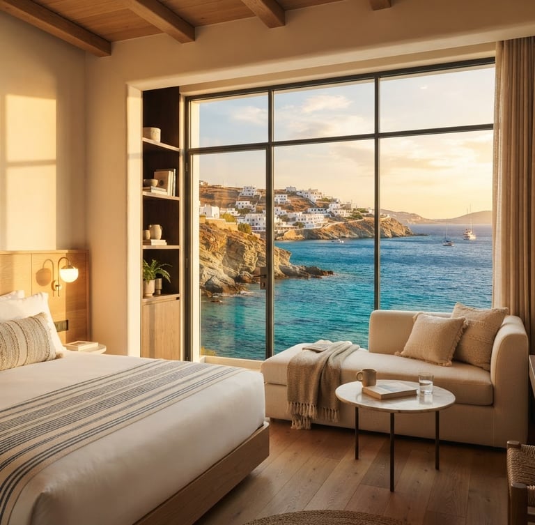 Modern boutique hotel interior with a large window overlooking a sun-drenched coastal landscape, warm golden hour light, wide-angle cinematic lens, rich saturated blues and whites.