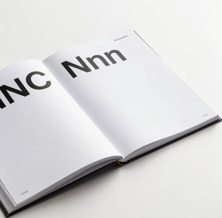 Orthographic flat-lay of an open graphic design manual on a stark white background. Sharp black typography on heavy white paper, visible grid lines, flat diffuse studio lighting, minimal hard shadows.