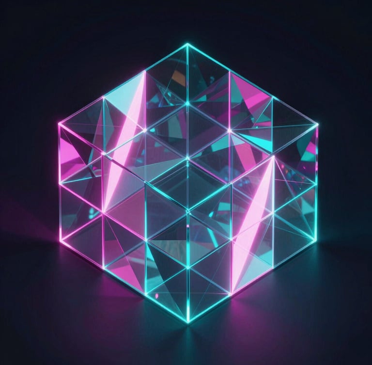 Isometric 3D render of sharp geometric glass panels reflecting neon pink and cyan light beams, dark ambient background