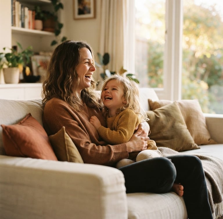 Candid mid-shot of a mother and young child laughing together on a warm cream couch, soft golden-hour window light, shallow depth of field, authentic moment