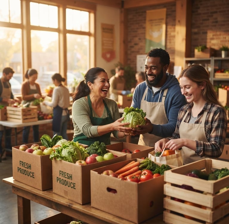 Candid medium shot of friendly community volunteers unpacking fresh produce boxes together in a sunlit community center, warm golden-hour light, genuine smiles.