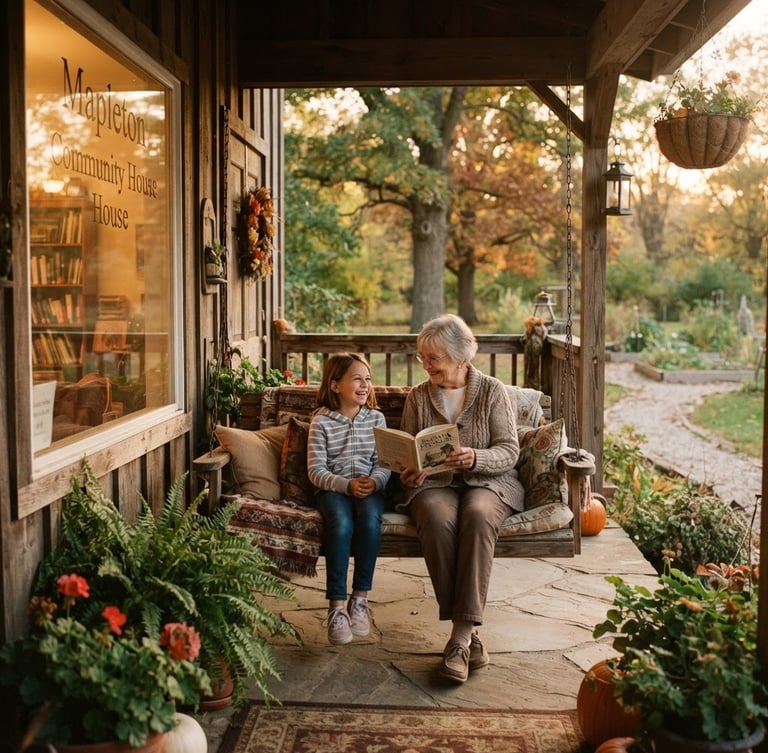 Warm editorial photography of a welcoming, home-inspired community center porch in Indiana, soft golden-hour window light, rich earthy tones, shallow depth of field, inviting and peaceful atmosphere