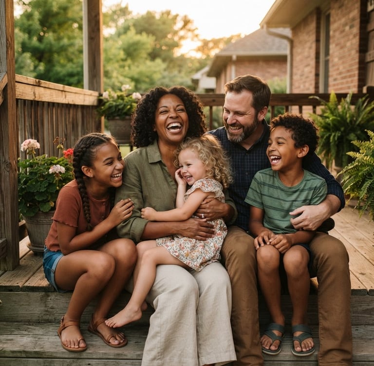 Candid mid-shot of a diverse Indiana family laughing together on a porch in warm, golden-hour sunlight, shallow depth of field, authentic emotional connection.