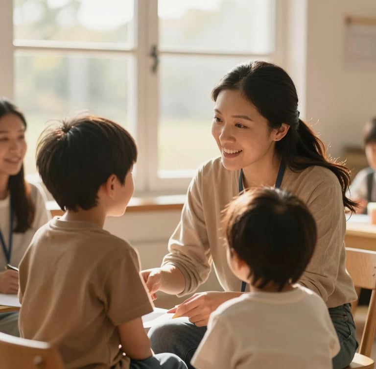 Candid medium shot of a community volunteer warmly interacting with a mother and child in a brightly lit room, soft daylight, authentic emotion