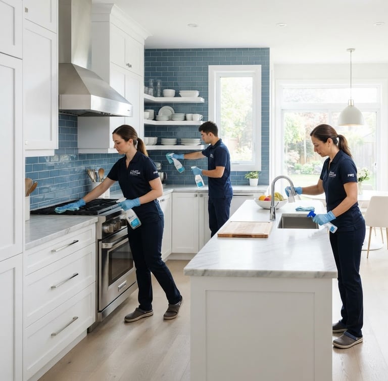 Équipe de nettoyage professionnelle en uniforme, nettoyant une cuisine moderne et impeccable, lumière naturelle vive, tons blancs et bleus.