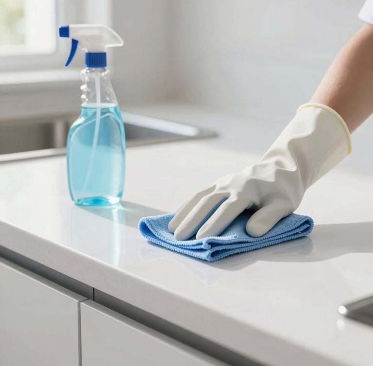 Close-up of a professional cleaner's gloved hands using an eco-friendly spray bottle and microfiber cloth on a gleaming modern kitchen counter, bright natural daylight, crisp and clean. The focus is on the meticulous cleaning action.