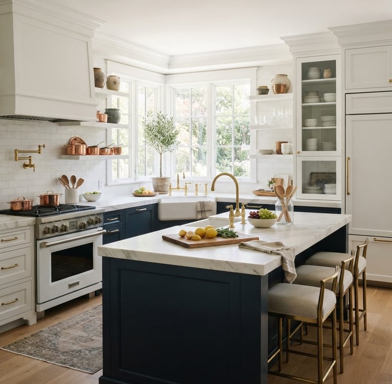 Bright, sun-drenched luxury kitchen, perfectly organized, white marble countertops, polished brass fixtures, soft natural light, wide shot from a slightly elevated angle.