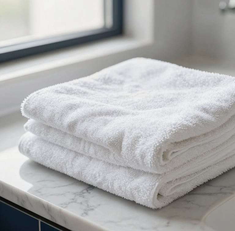 Close-up of perfectly folded crisp white towels on a polished marble countertop in a luxury bathroom, natural window light, shallow depth of field
