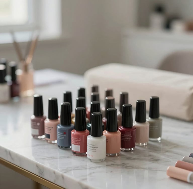 Close-up of a clean, minimalist nail studio workspace with neatly arranged gel polish bottles on a marble table, soft natural side lighting.