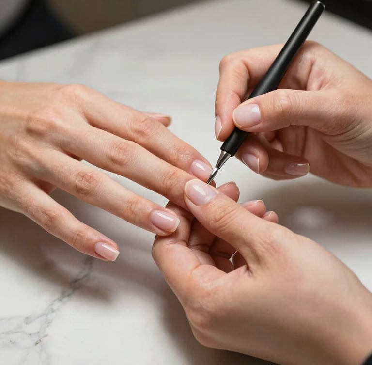 Minimalist close-up of a nail designer's hands carefully shaping a gel nail on a clean marble surface, soft warm lighting, editorial composition.