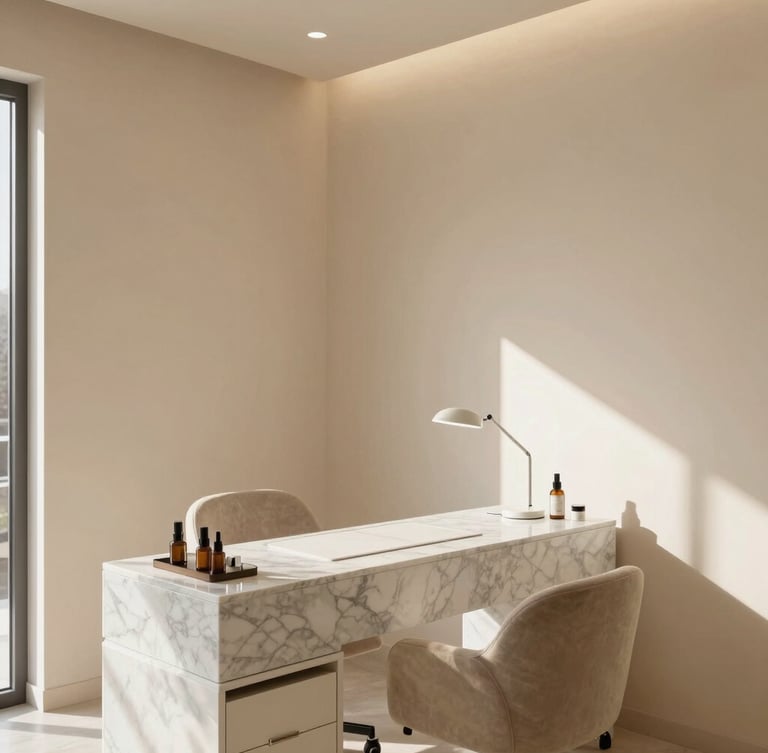 Minimalist, high-end nail salon interior with warm beige walls, a clean marble workstation, and natural light streaming through a window.