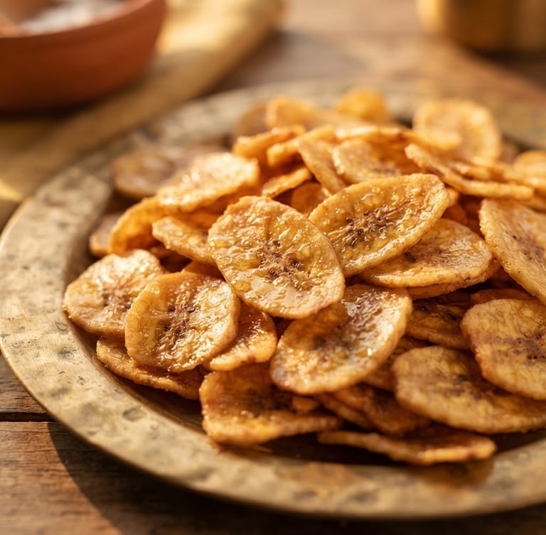 A tight macro shot of golden-brown banana chips glistening with pure coconut oil, served on a traditional brass plate, warm golden-hour sunlight, 35mm editorial food photography