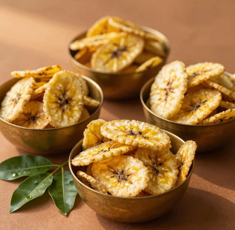 Warm editorial food photography of crisp golden banana chips and murukku in brass bowls next to fresh curry leaves, soft golden-hour sunlight, 35mm.