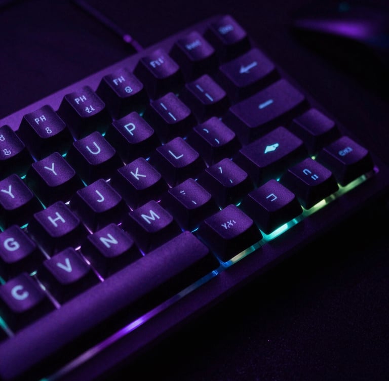 A close-up of a premium mechanical keyboard with custom keycaps, glowing with electric purple and neon teal backlighting in a dark room, moody gaming photography, 35mm