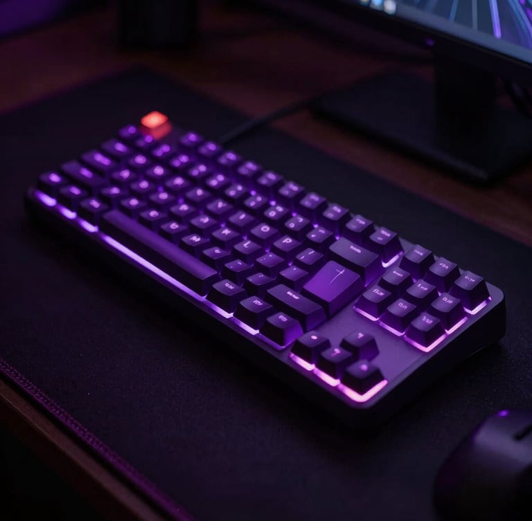 Moody gaming setup with a mechanical keyboard glowing in electric purple RGB, deep shadows, ultra-sharp focus, 35mm