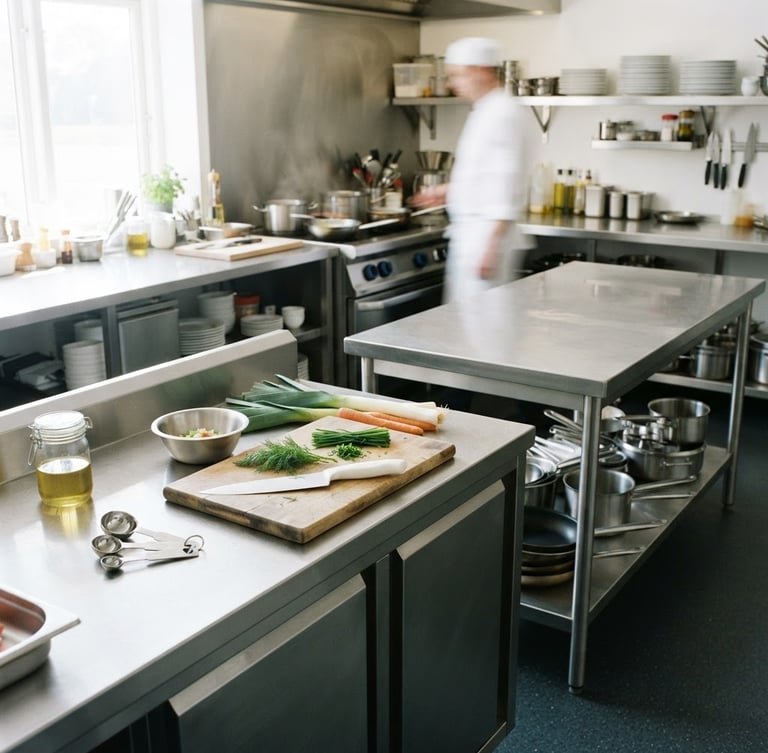 Pristine Danish commercial kitchen counter with gleaming stainless steel surfaces, natural morning light from a side window, sharp focus, 35mm