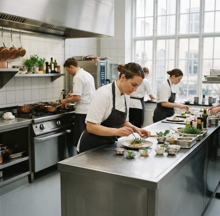 Pristine Danish commercial kitchen with clean stainless steel countertops, soft daylight from a large window, professional staff in clean uniforms working in the background, sharp focus, 35mm