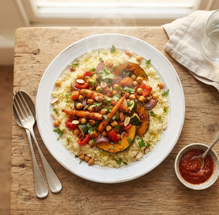 Overhead minimalist shot of a steaming Tunisian couscous with roasted vegetables on a white ceramic plate, warm natural window light, soft shadows, 35mm editorial food photography