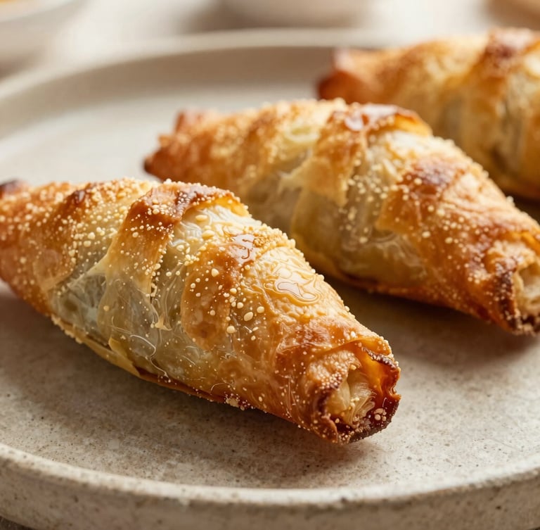 Tight macro shot of a golden, crispy Tunisian brik pastry on a textured stone plate, warm side-light, shallow depth of field, 35mm