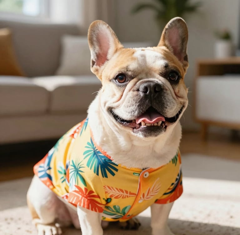 Eye-level portrait of a happy French Bulldog wearing a colorful tropical shirt, sitting comfortably in a sunny living room, bright warm daylight, shallow depth of field