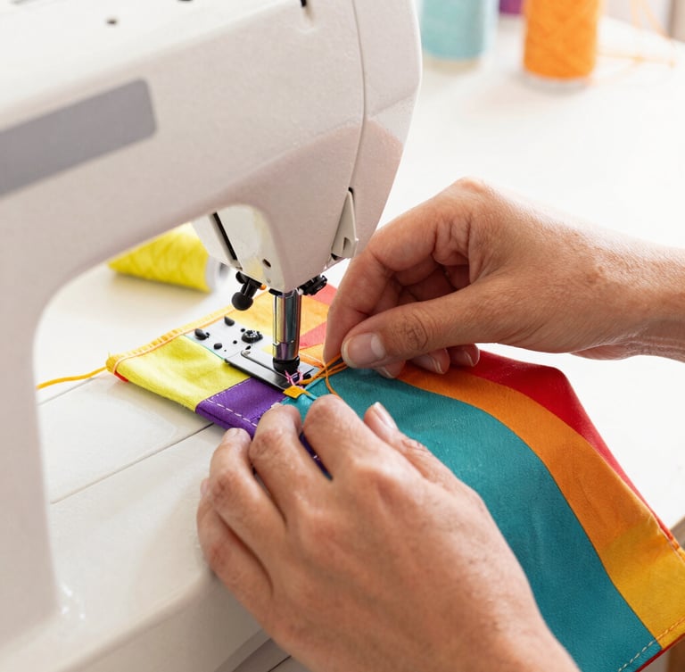 Close up of artisan hands carefully stitching a colorful pet fabric on a sewing machine in a bright, warm workshop in Celaya, natural light, 35mm