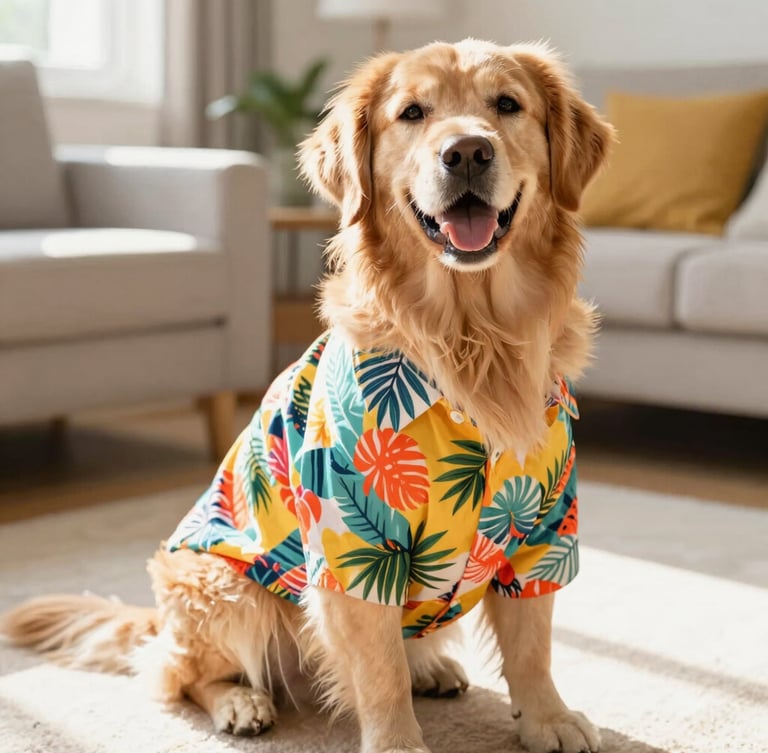 Bright natural daylight photo of a happy golden retriever wearing a colorful tropical shirt, sitting relaxed in a sunny living room, 35mm