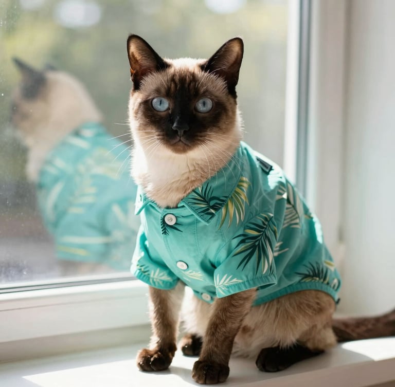 A relaxed, elegant Siamese cat sitting on a sunny window sill wearing a lightweight tropical teal shirt, warm natural daylight, shallow depth of field, 35mm