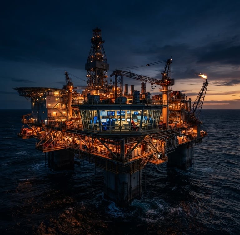 Cinematic wide shot of an advanced offshore oil rig at twilight, glowing telemetry screens visible through control room glass, deep navy and warm amber lighting, highly detailed