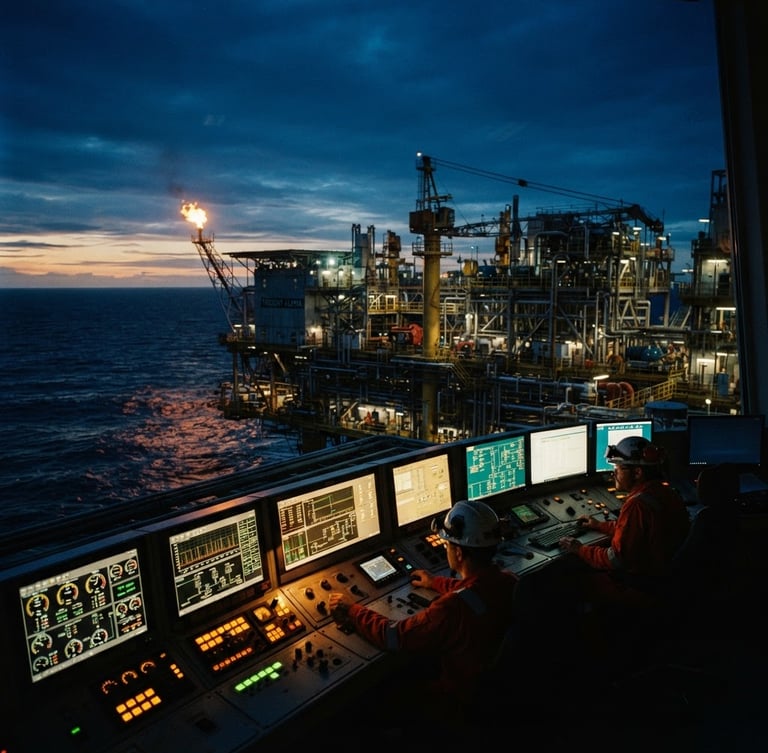 Cinematic environmental shot of an offshore oil rig at twilight, glowing telemetry screens in the foreground, deep navy and warm amber tones, anamorphic lens, highly detailed