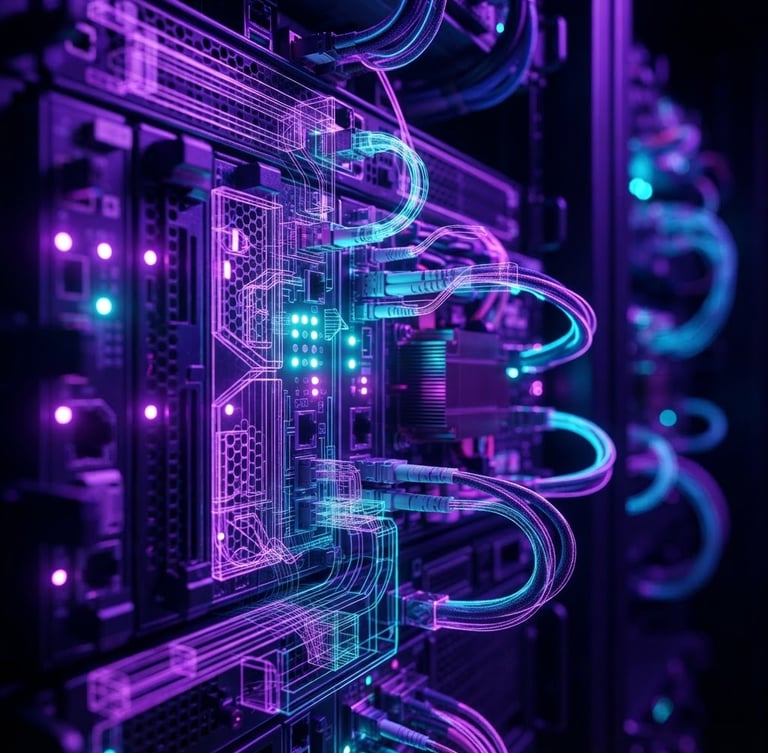 Macro close-up of glowing server rack lights and neon wireframe data streams, deep shadows, high-contrast violet and cyan glow