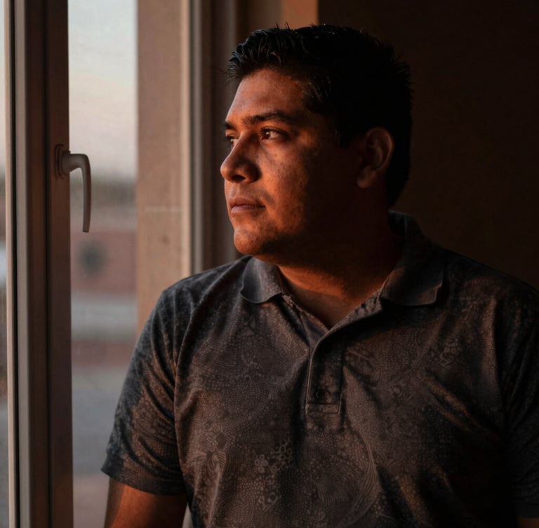 Environmental portrait of a Latino man in quiet reflection near a window, soft twilight shadows, warm bronze and charcoal tones, intimate depth of field
