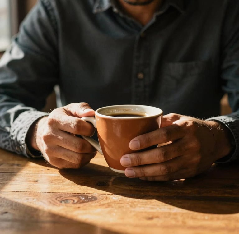 Close-up of a Latino man's hands holding a warm ceramic coffee cup, soft golden-hour window light casting deep shadows on a wooden table, warm editorial tone