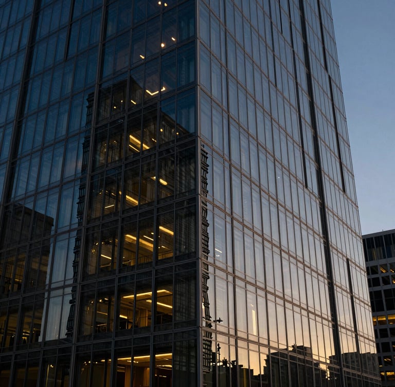Panoramic architectural detail of a premium corporate headquarters at twilight, sharp geometric glass panels reflecting deep blue and warm gold light, low-key dramatic shadows.