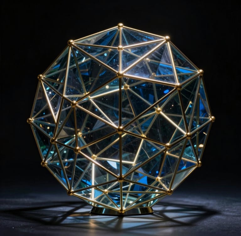 Dramatic low-key lighting on a complex geometric glass sculpture resembling an architectural data network, deep midnight-blue shadows with sharp gold highlights.